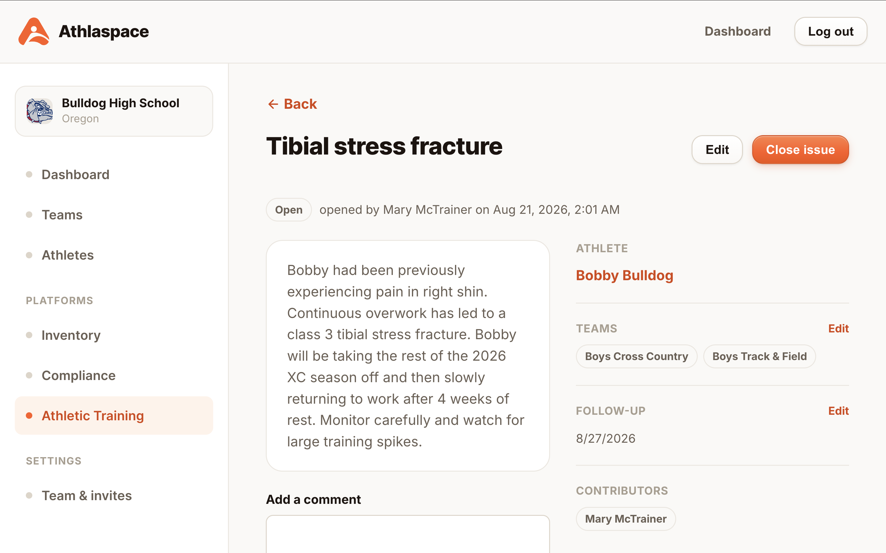 Athletic training issue tracking in Athlaspace